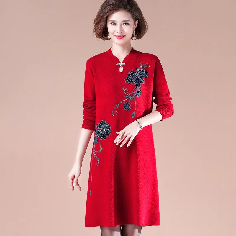 V Neck Long Sleeve Knee Length Floral A-line Knit Dress