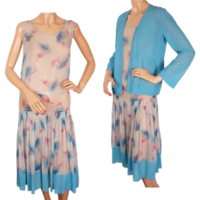 Vintage 1920s Art Deco Silk Chiffon Dress - Floral Print -  Size S