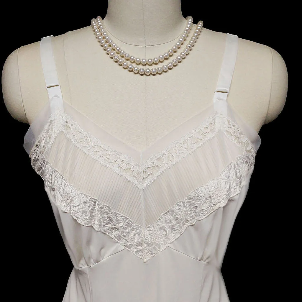 *VINTAGE FANCY TOP FORM NYLON TRICOT SLIP WITH PLEATS, SATIN TRIM, TULLE & LACE