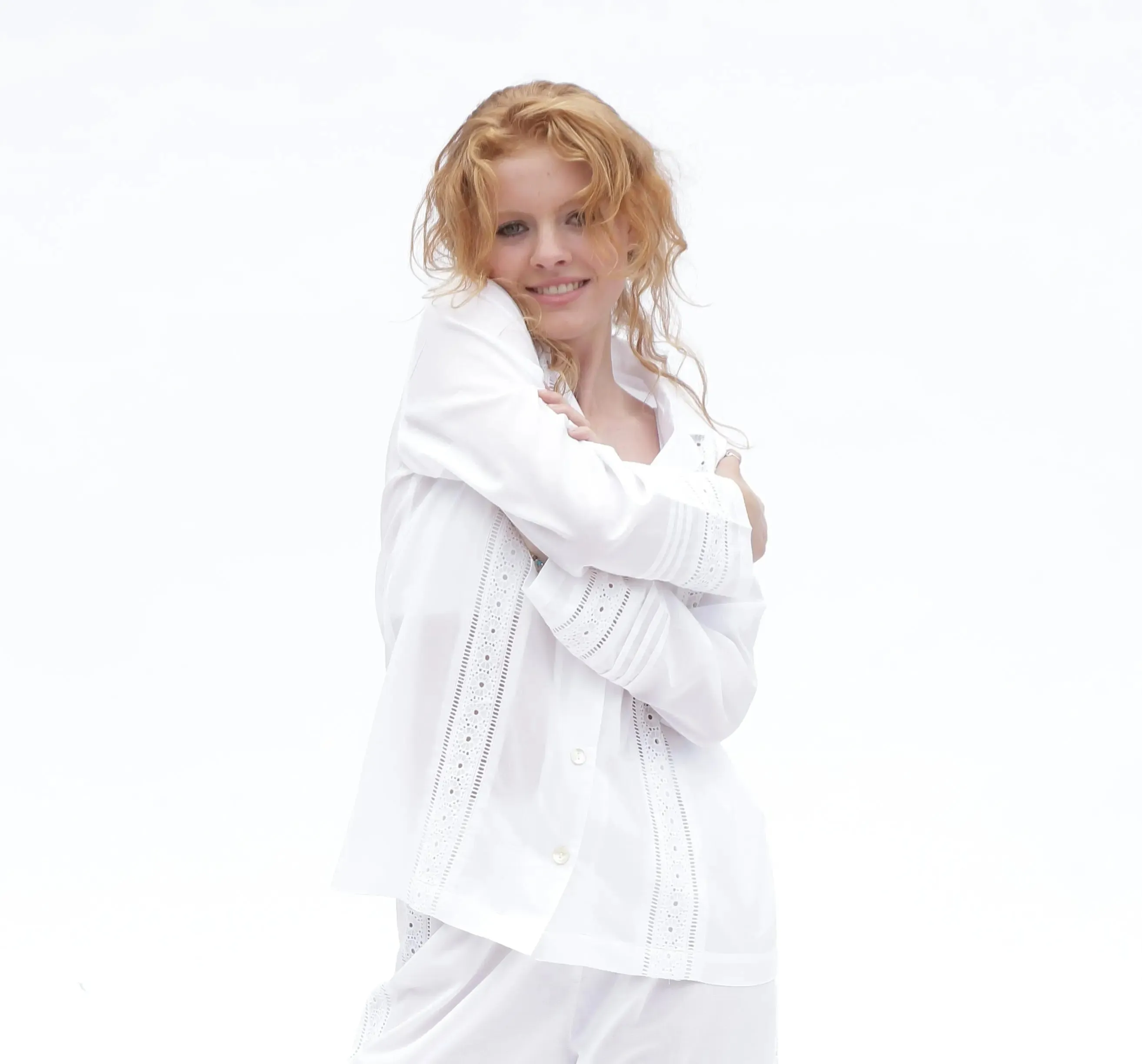 White Salvador Matching Set With Trim Long Sleeve Pyjamas