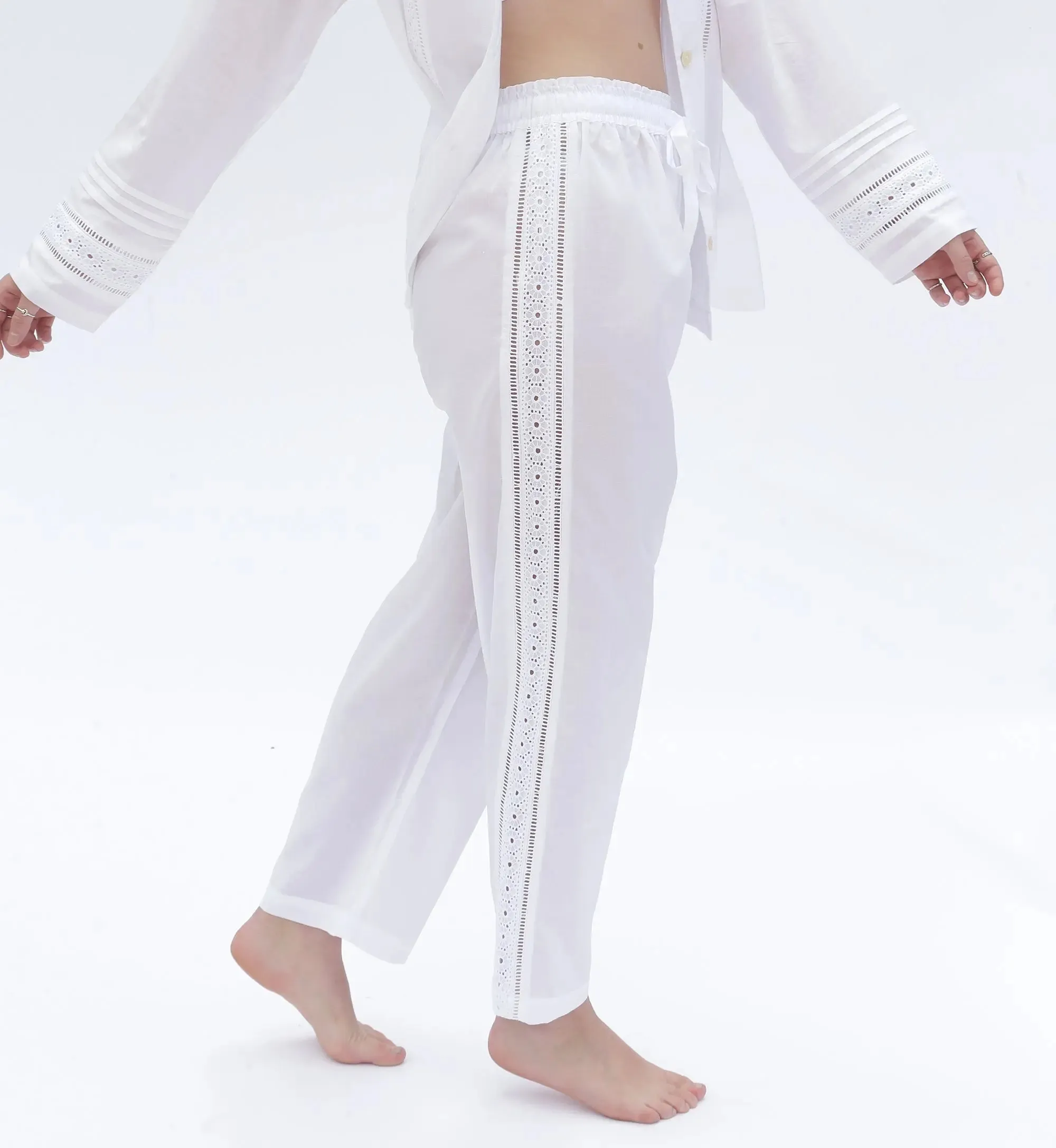 White Salvador Matching Set With Trim Long Sleeve Pyjamas