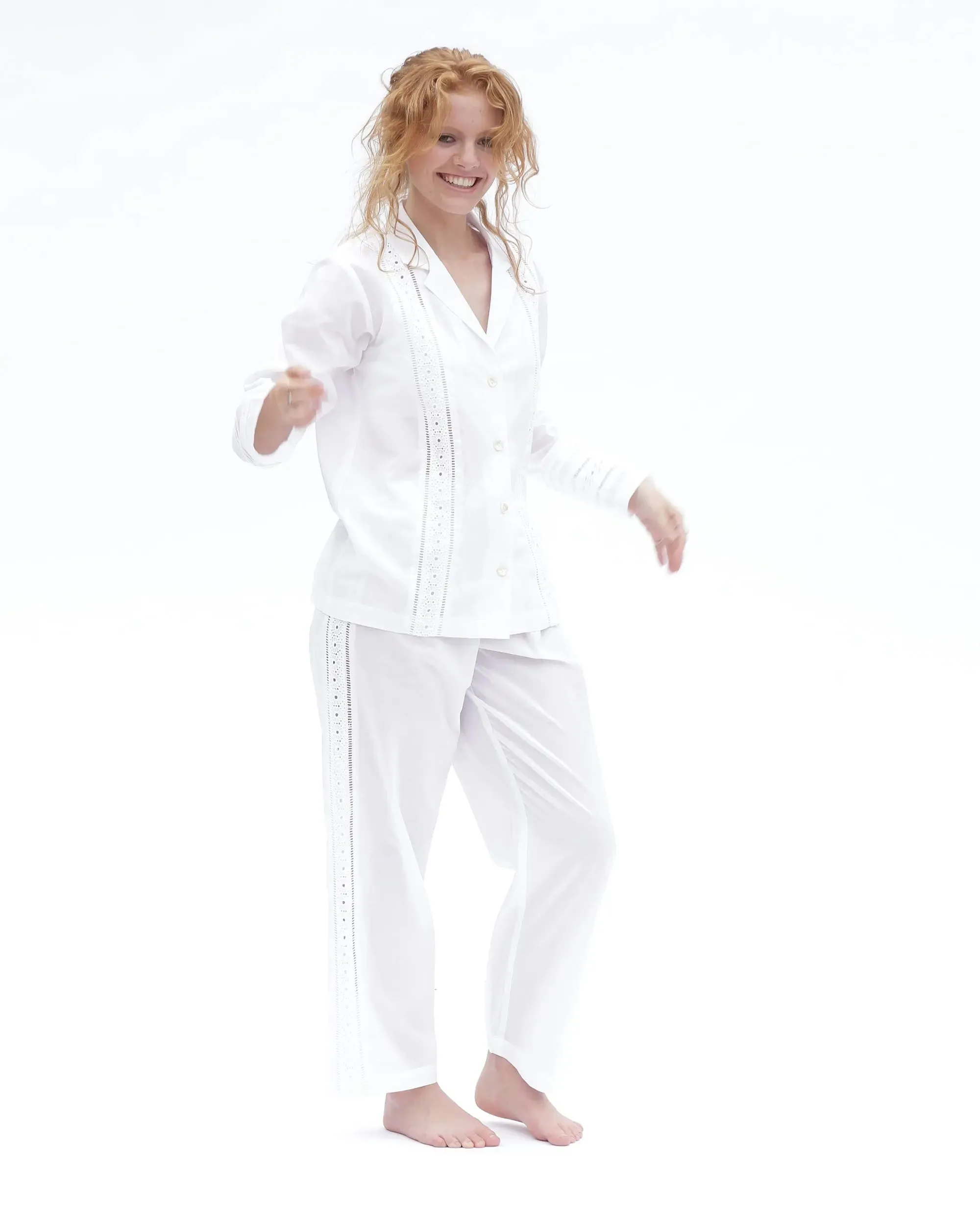 White Salvador Matching Set With Trim Long Sleeve Pyjamas