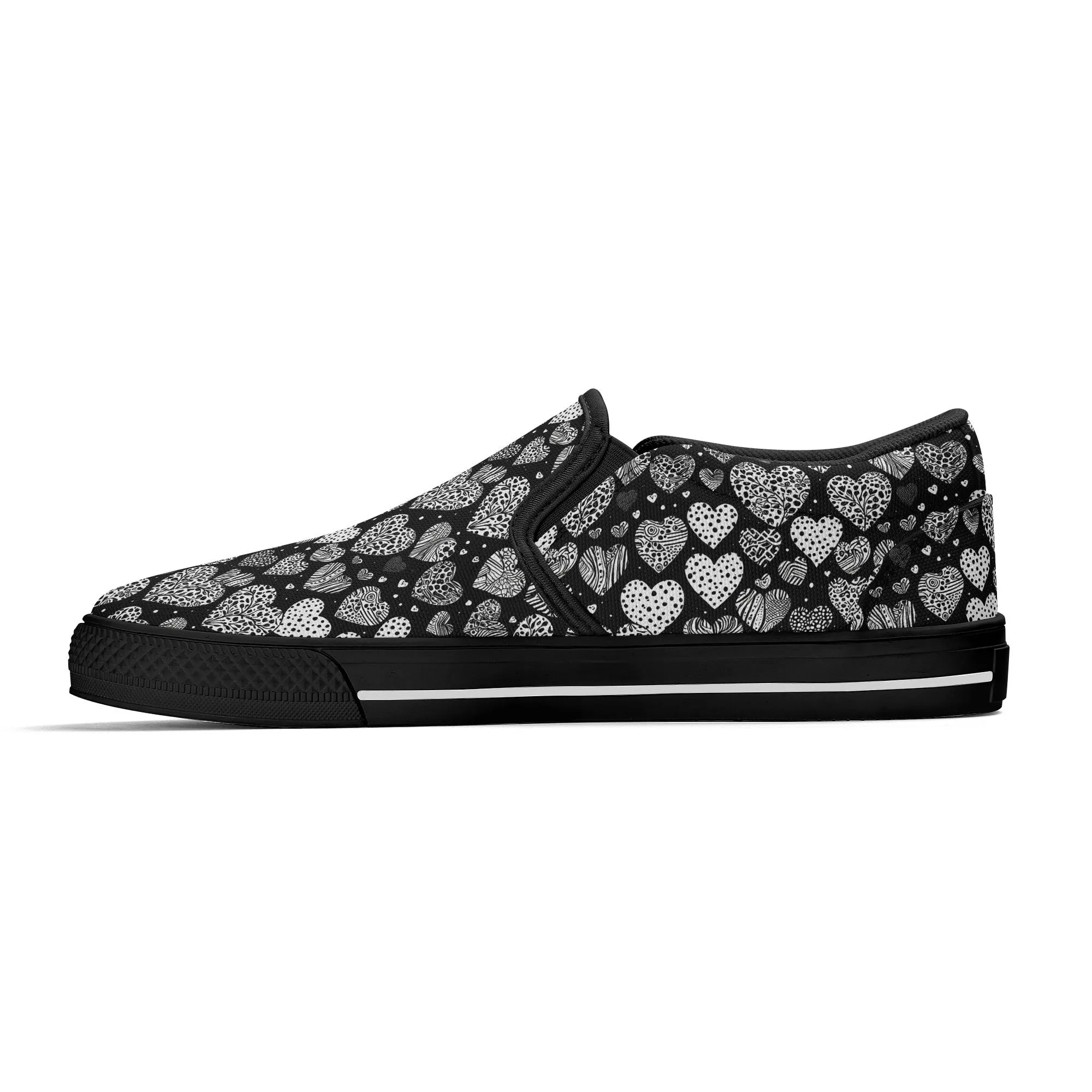 Womens Black and White Hearts Rubber Slip On Shoes