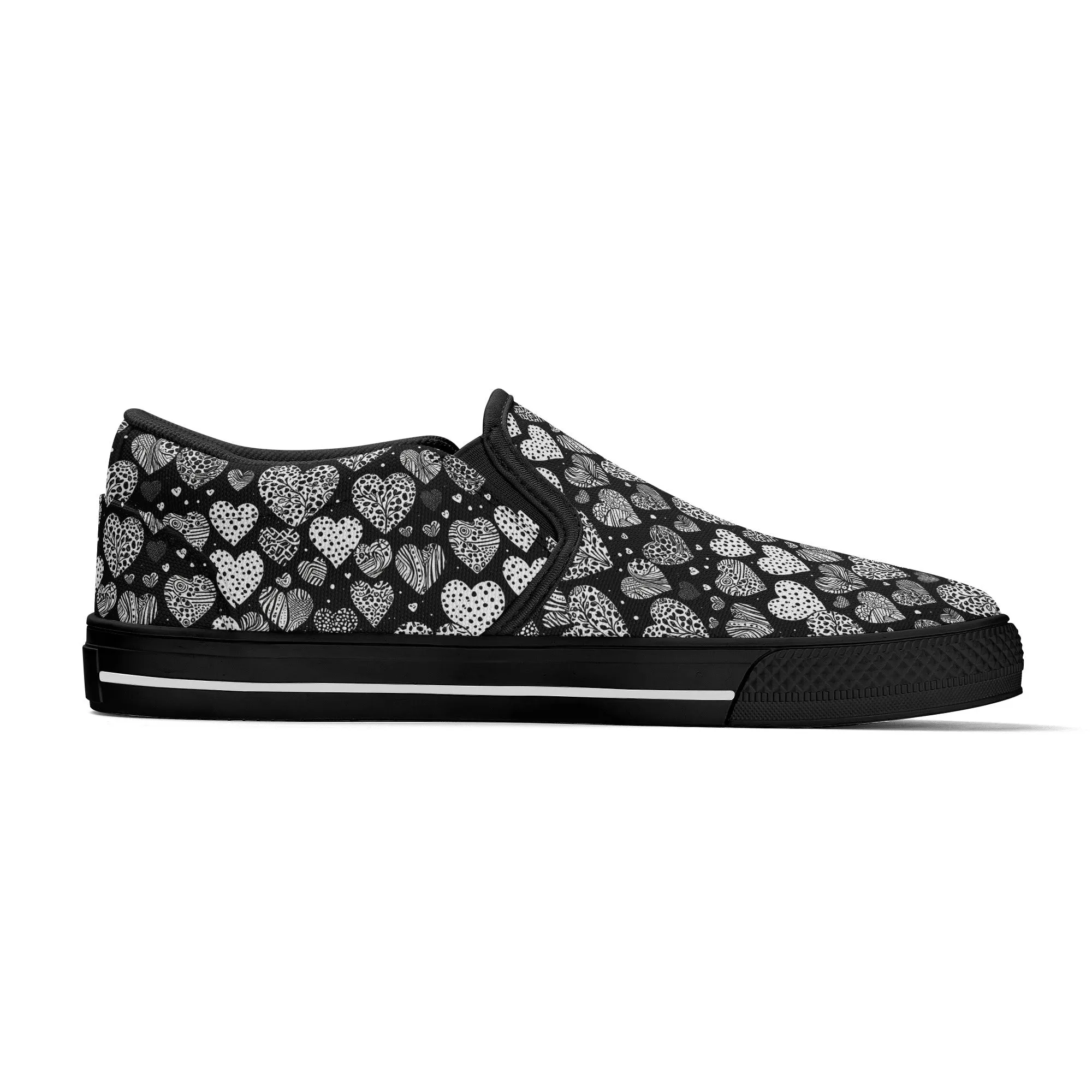 Womens Black and White Hearts Rubber Slip On Shoes