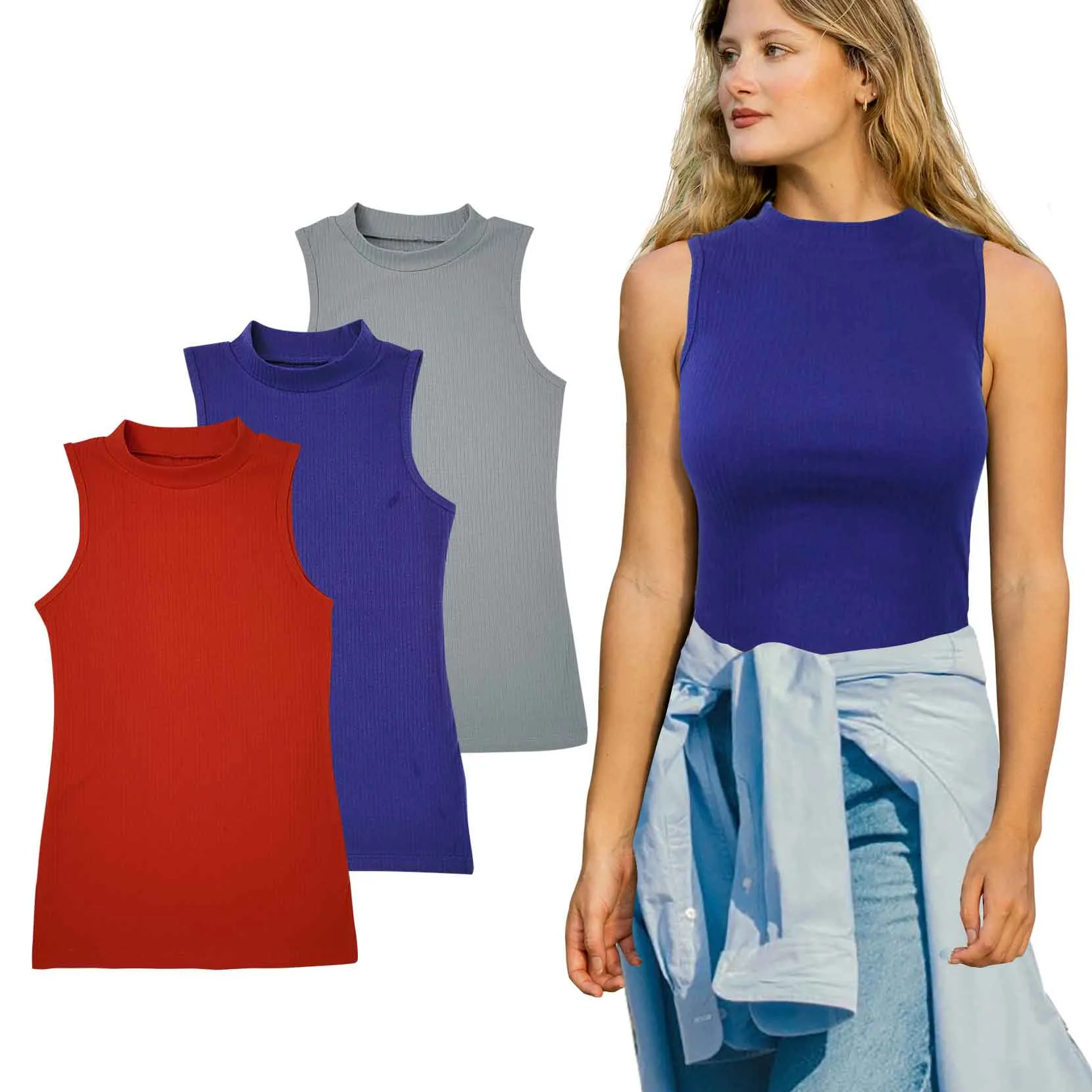 Women's Mock Neck Tank Tops | Cotton Blend | (3 Pack)