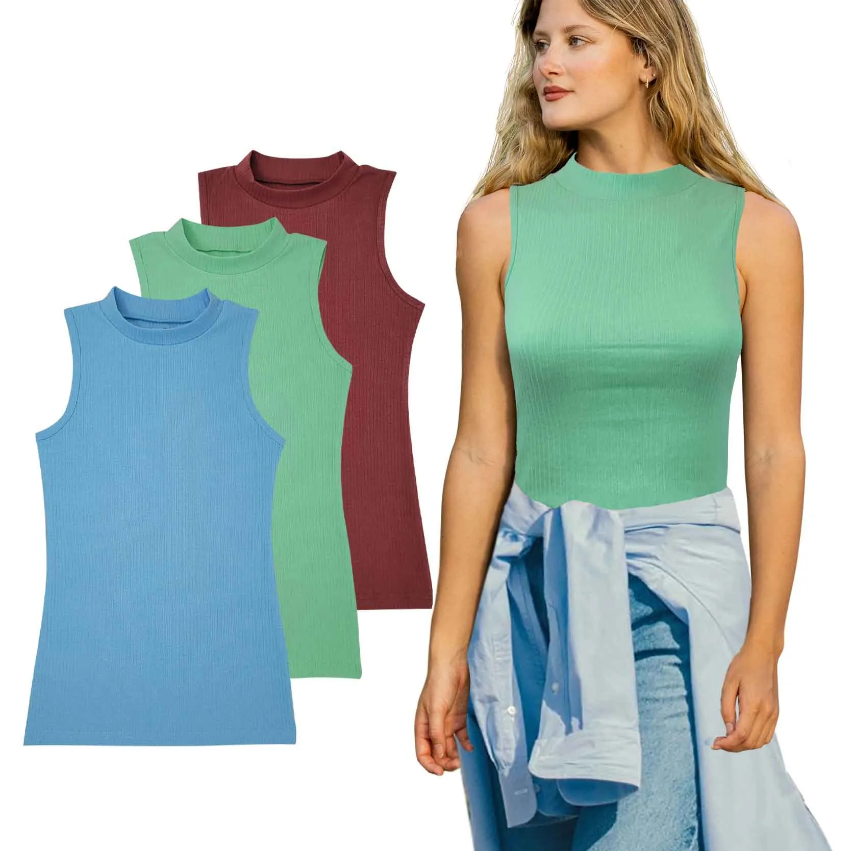 Women's Mock Neck Tank Tops | Cotton Blend | (3 Pack)