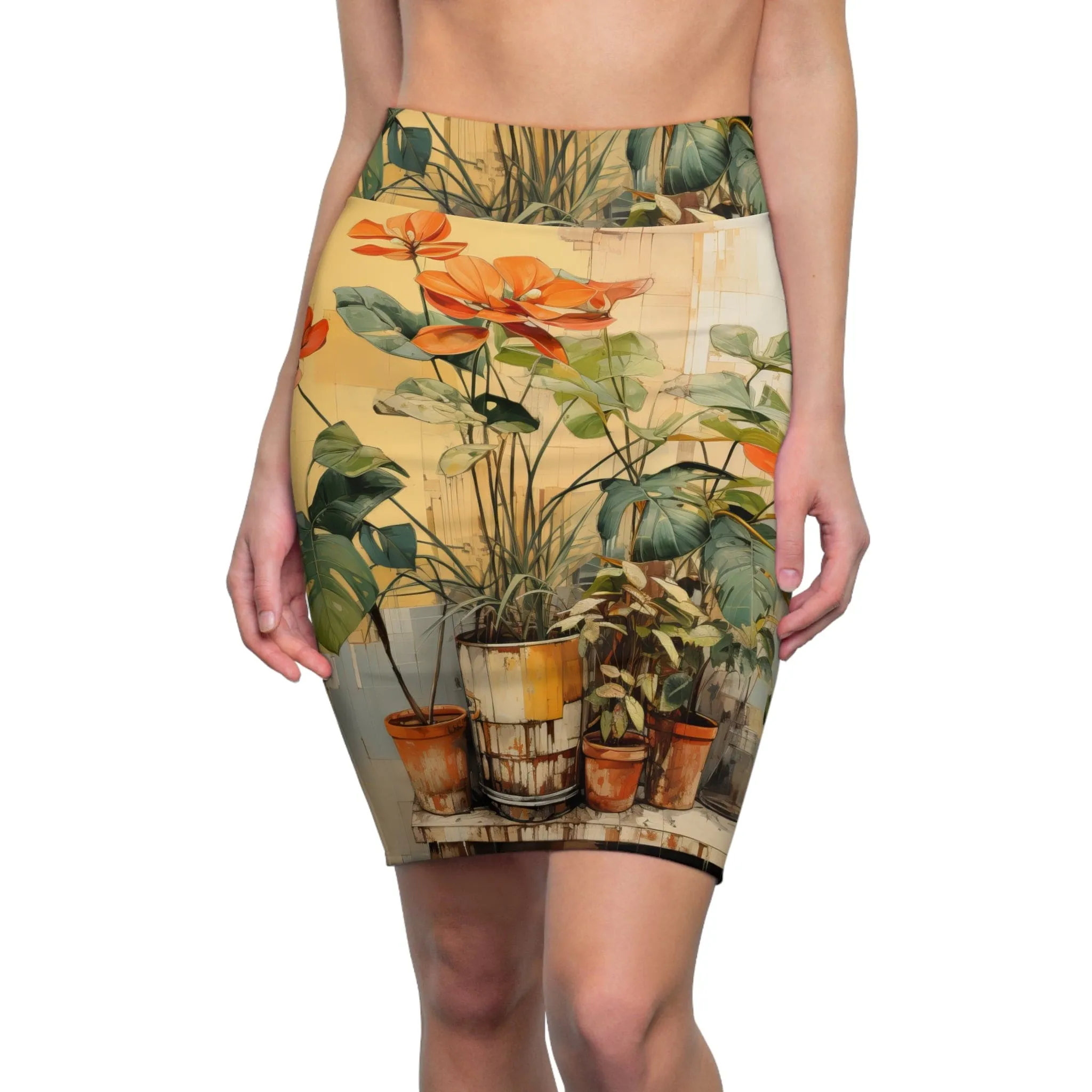 Womens Pencil Skirt - Earthy Rustic Potted Plants