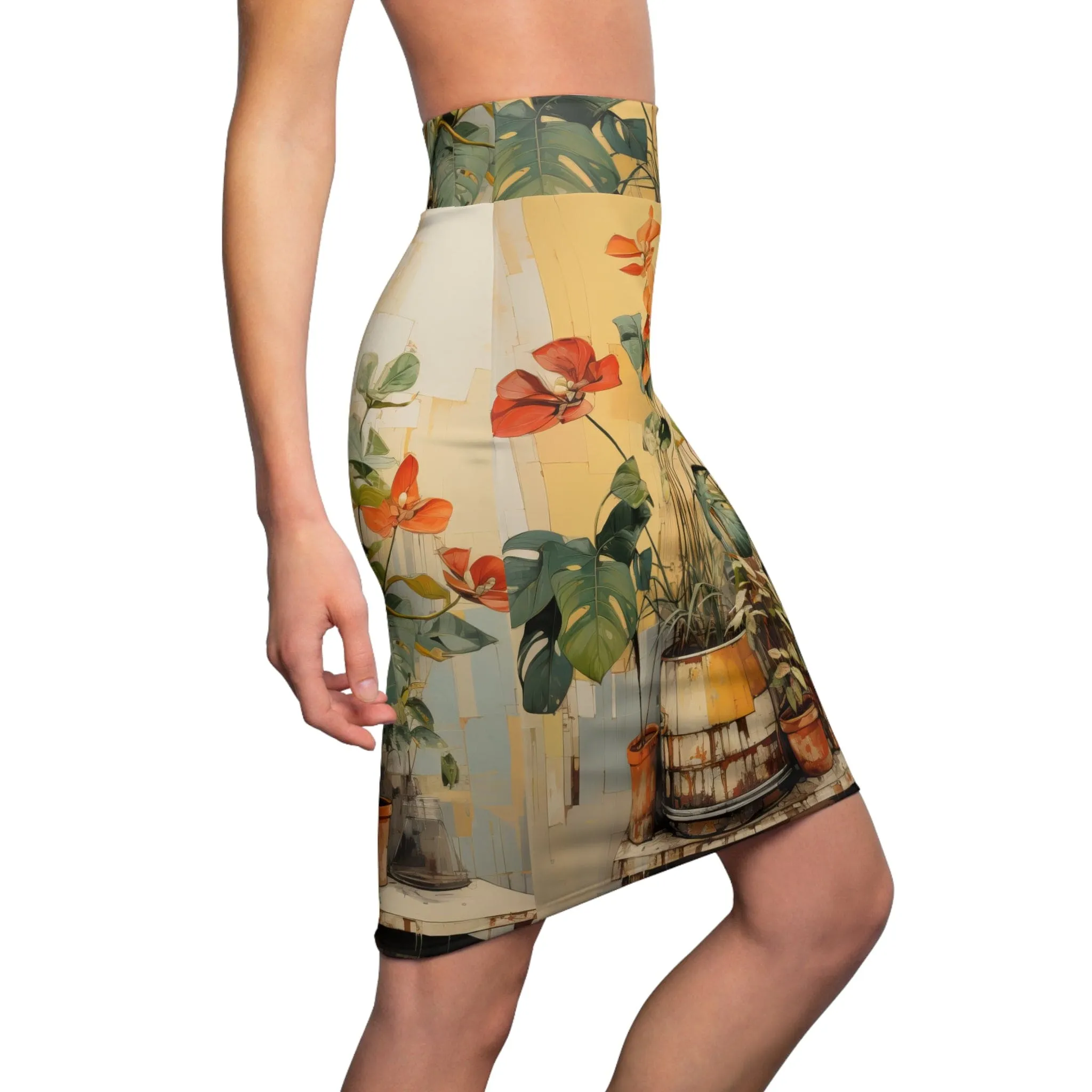 Womens Pencil Skirt - Earthy Rustic Potted Plants