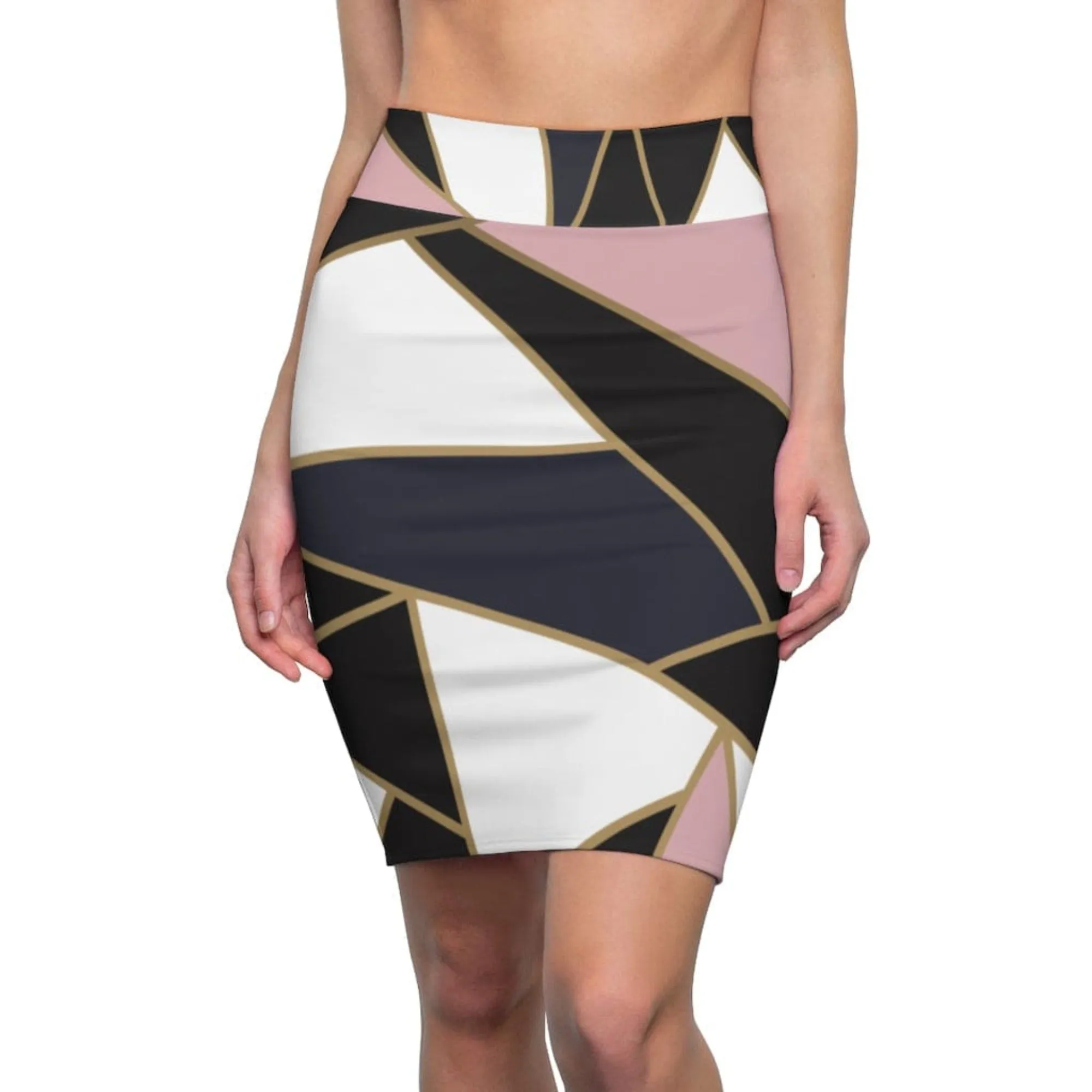 Womens Pencil Skirt - High Waist - Trio Black/white Pink - S040713