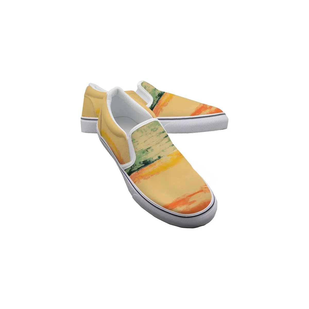 Women's Slip On Sneakers 242 yellow, orange, and teal abstract