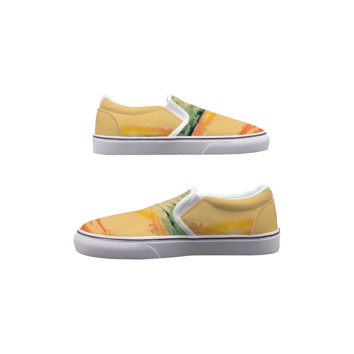 Women's Slip On Sneakers 242 yellow, orange, and teal abstract