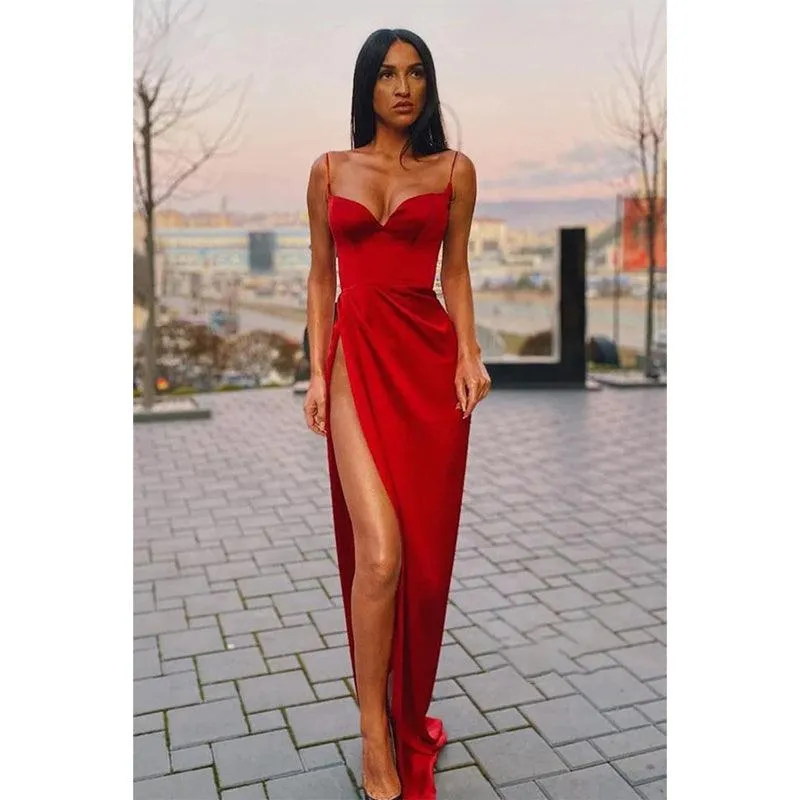 Women's Spaghetti Straps High Split Long Prom Dress