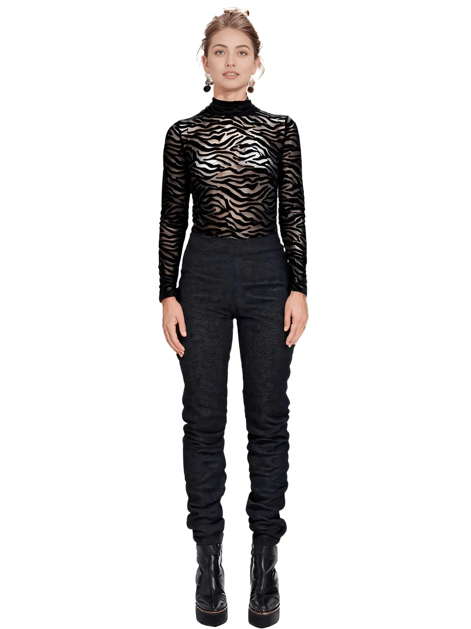 Women's Tiger Print Transparent Bodysuit Black Sexy Mock Neck Long Sleeve Bodysuit Slim