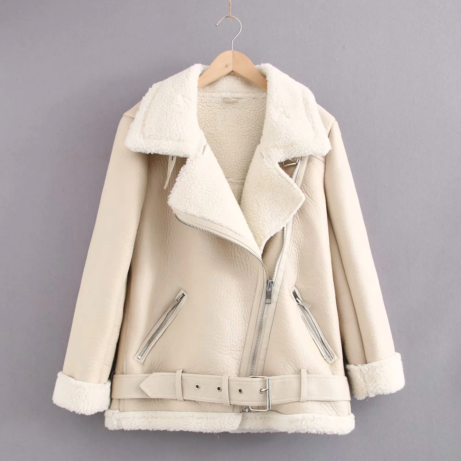 Womens's faux fur collar jacket coat turn down collar zipper biker jacket