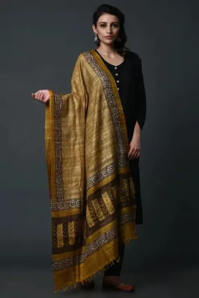 Yellow-black hand painted tussar silk dupatta