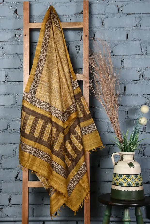 Yellow-black hand painted tussar silk dupatta